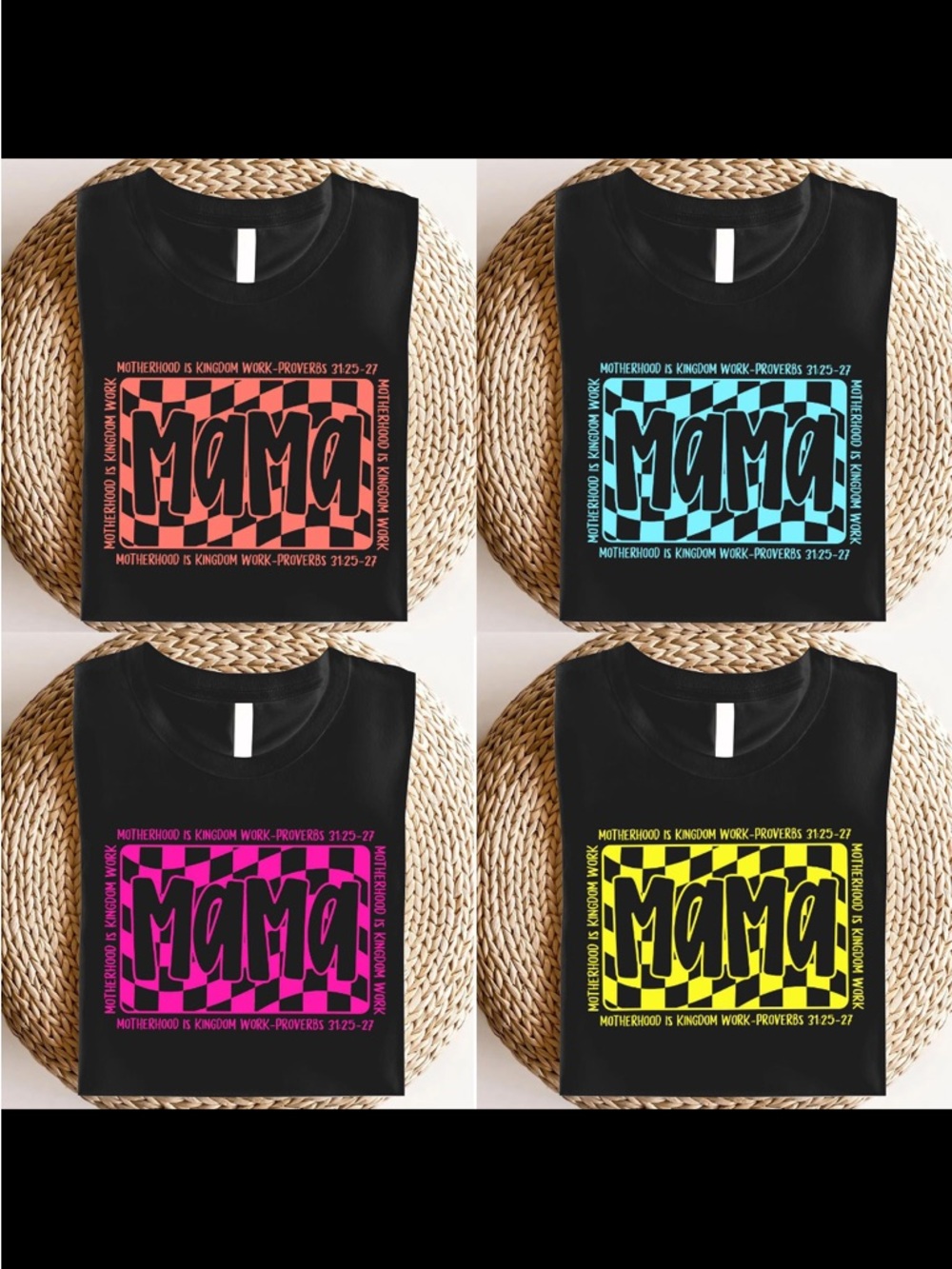 Gildan Black Tee with Neon Pink, Blue, Purple, and Yellow Mama Graphic